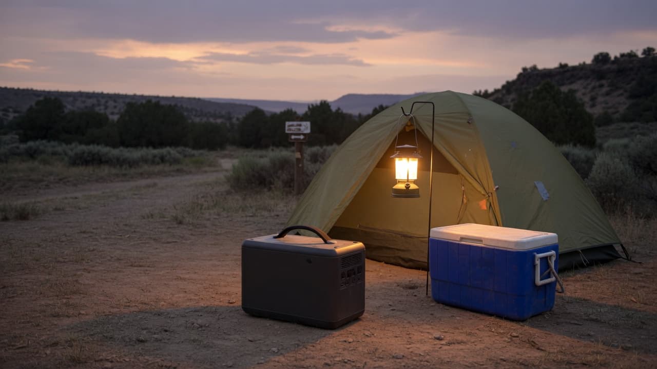 Portable power station beside a tent and cooler at a dusk trailhead